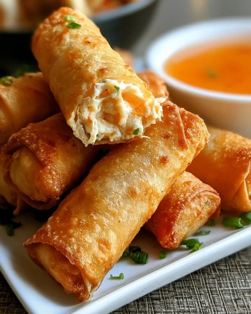 Crispy Crab Rangoon Egg Rolls served with dipping sauce