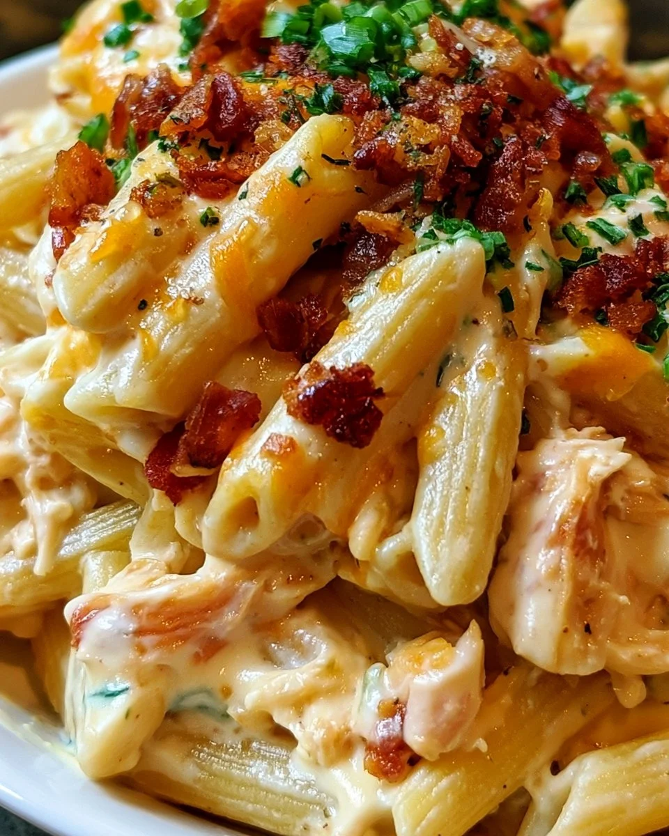 Creamy Crack Chicken Penne Pasta garnished with parsley on a plate