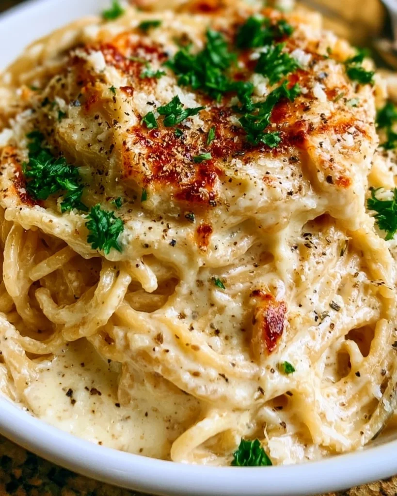 Delicious cream cheese spaghetti served with herbs and garnishes.
