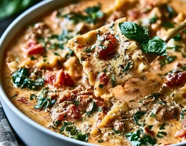 Bowl of creamy Alfredo Lasagna Soup topped with cheese and herbs