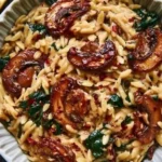 Creamy spinach mushroom chicken orzo served in a bowl with fresh herbs.
