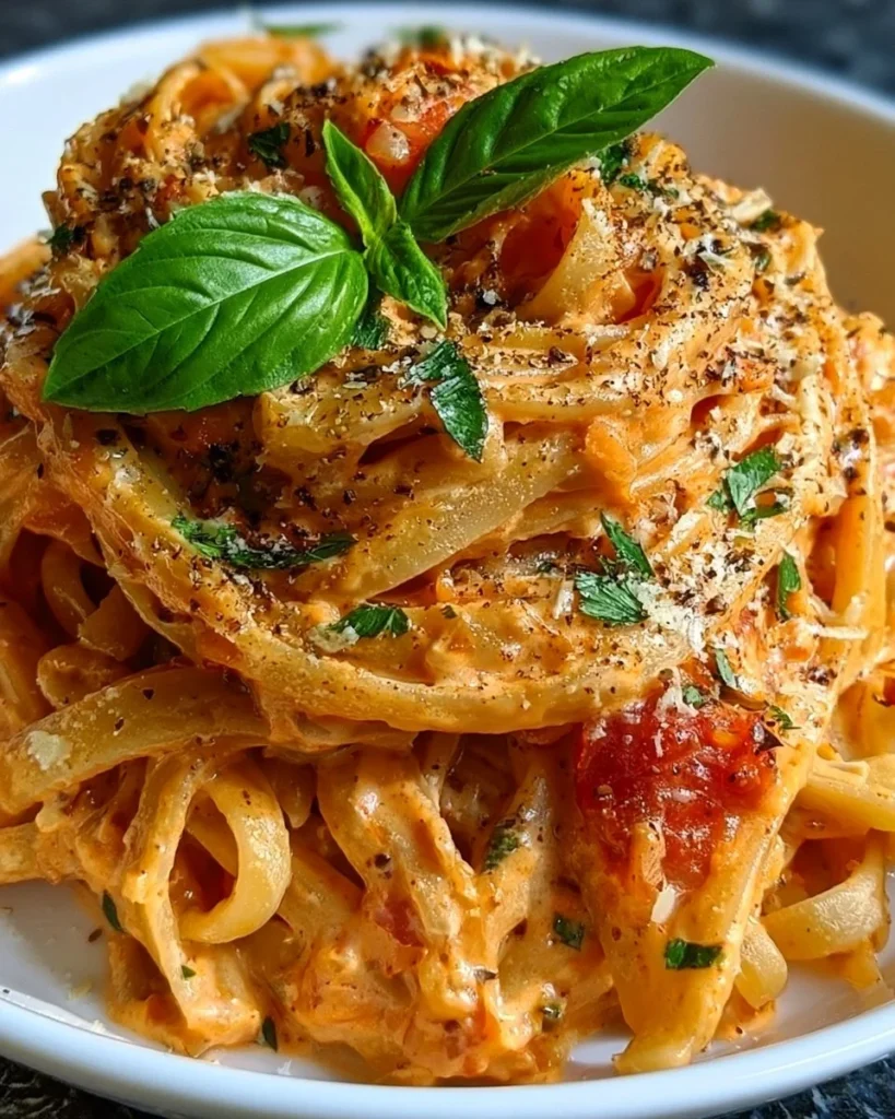 Creamy tomato garlic pasta served in a bowl with fresh herbs.