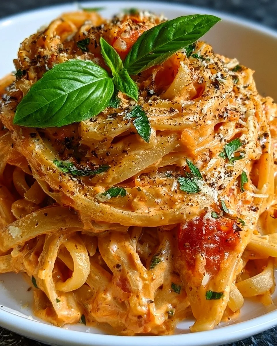 Creamy tomato garlic pasta served in a bowl with fresh herbs.