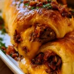 Crispy bacon cheeseburger garlic roll-ups served on a plate.
