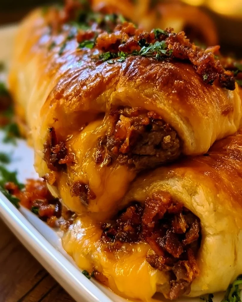 Crispy bacon cheeseburger garlic roll-ups served on a plate.