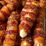 Crispy bacon-wrapped mozzarella sticks on a plate