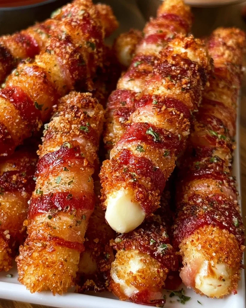 Crispy bacon-wrapped mozzarella sticks on a plate