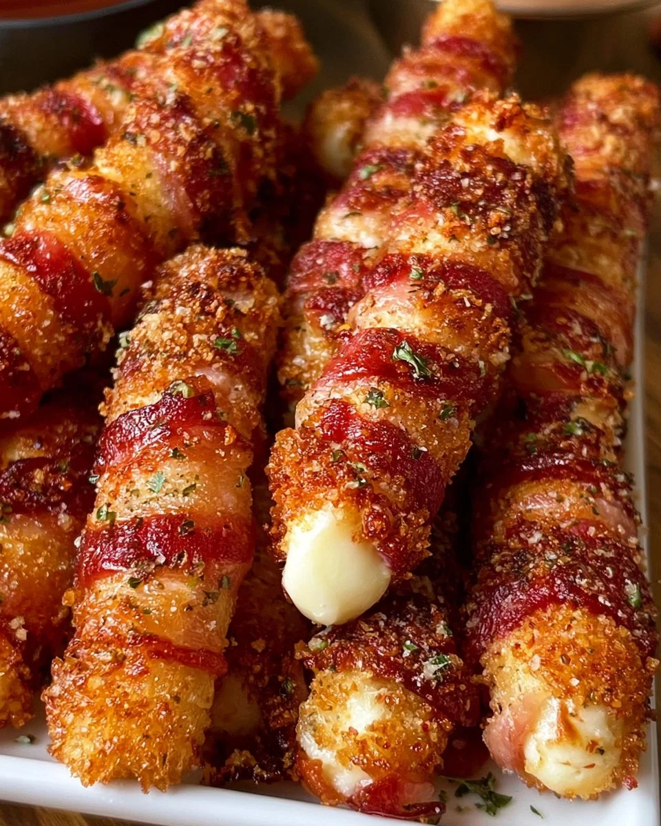 Crispy bacon-wrapped mozzarella sticks on a plate