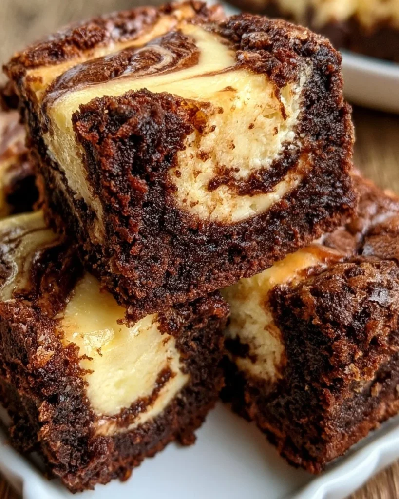 Decadent cheesecake brownies topped with a creamy layer and chocolate swirls.