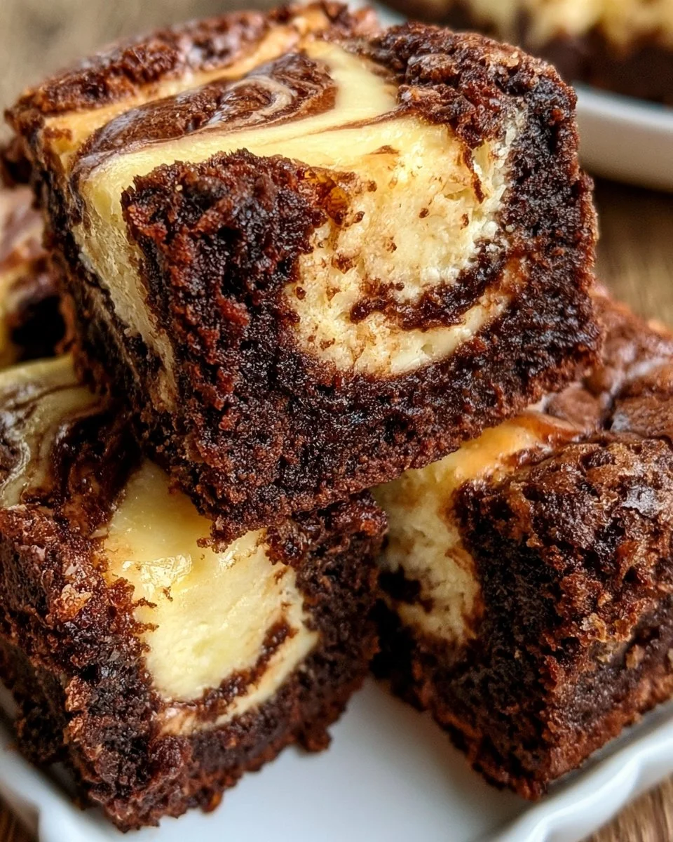 Decadent cheesecake brownies topped with a creamy layer and chocolate swirls.