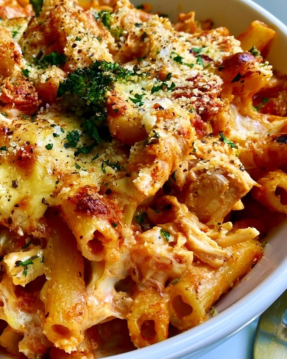 Easy chicken pasta bake topped with cheese and herbs, perfect for a family dinner.