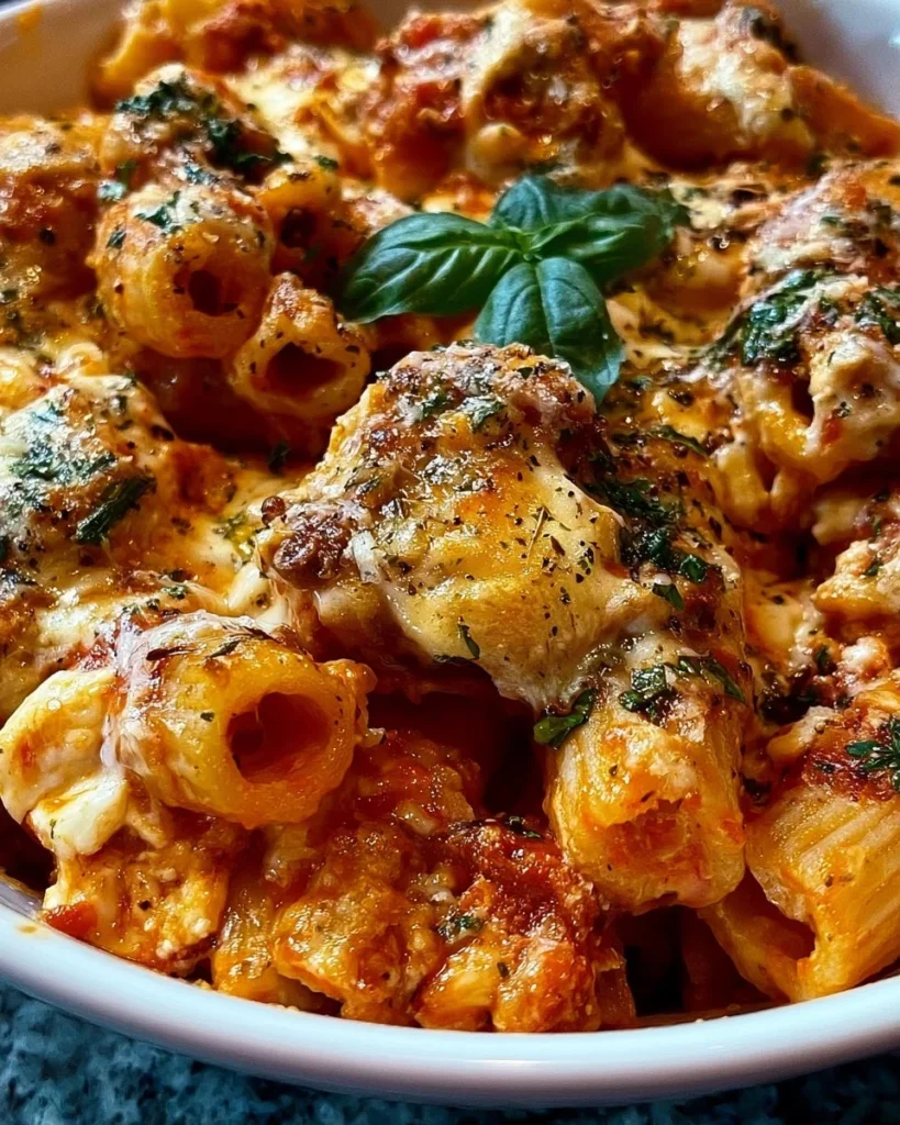 Delicious Five Cheese Ziti baked in the oven served with herbs and cheese.