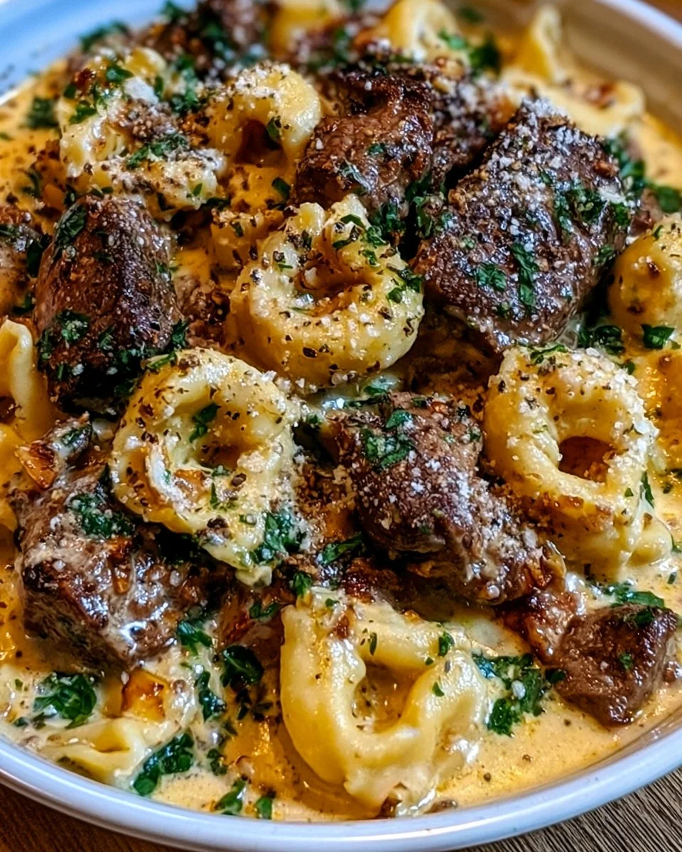 Delicious Garlic Steak Tortellini served with fresh herbs and sauce.