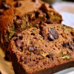 Moist chocolate chip zucchini bread sliced on a wooden board