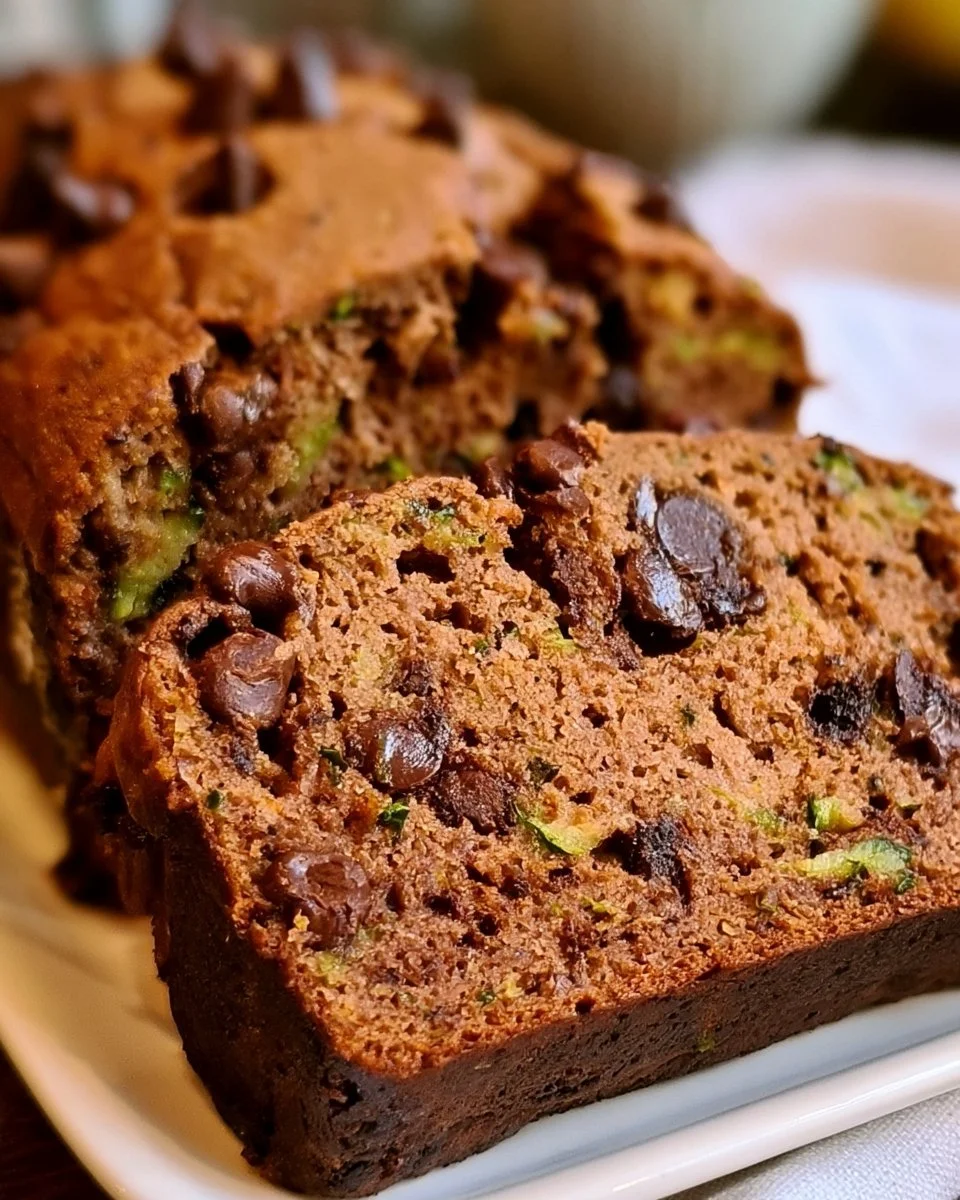 Moist chocolate chip zucchini bread sliced on a wooden board