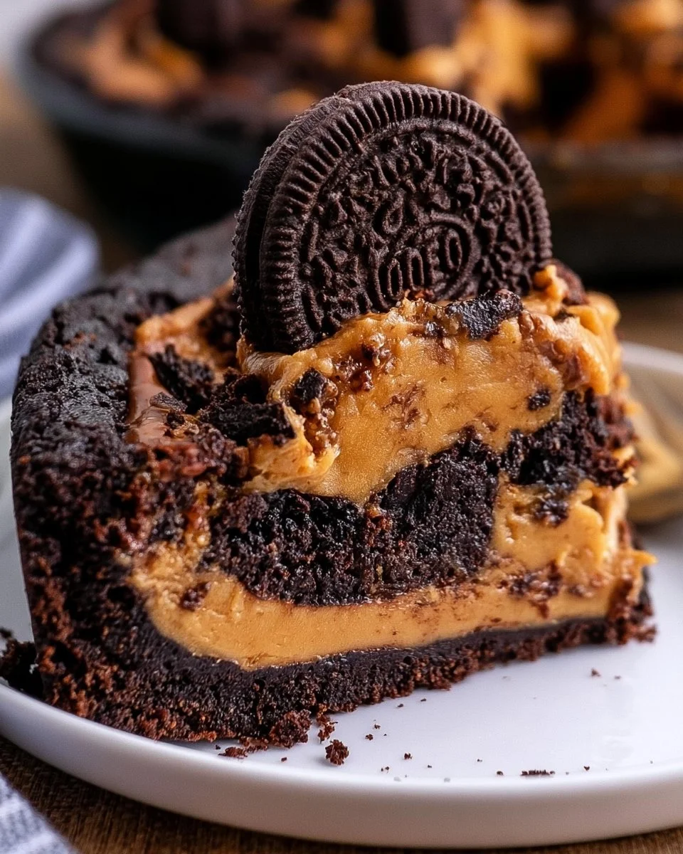 Delicious Oreo Cookie Butter Brownie Pie topped with cookie pieces.
