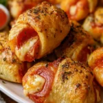 Pepperoni Pizza Crescent Rolls served on a plate with dipping sauce.