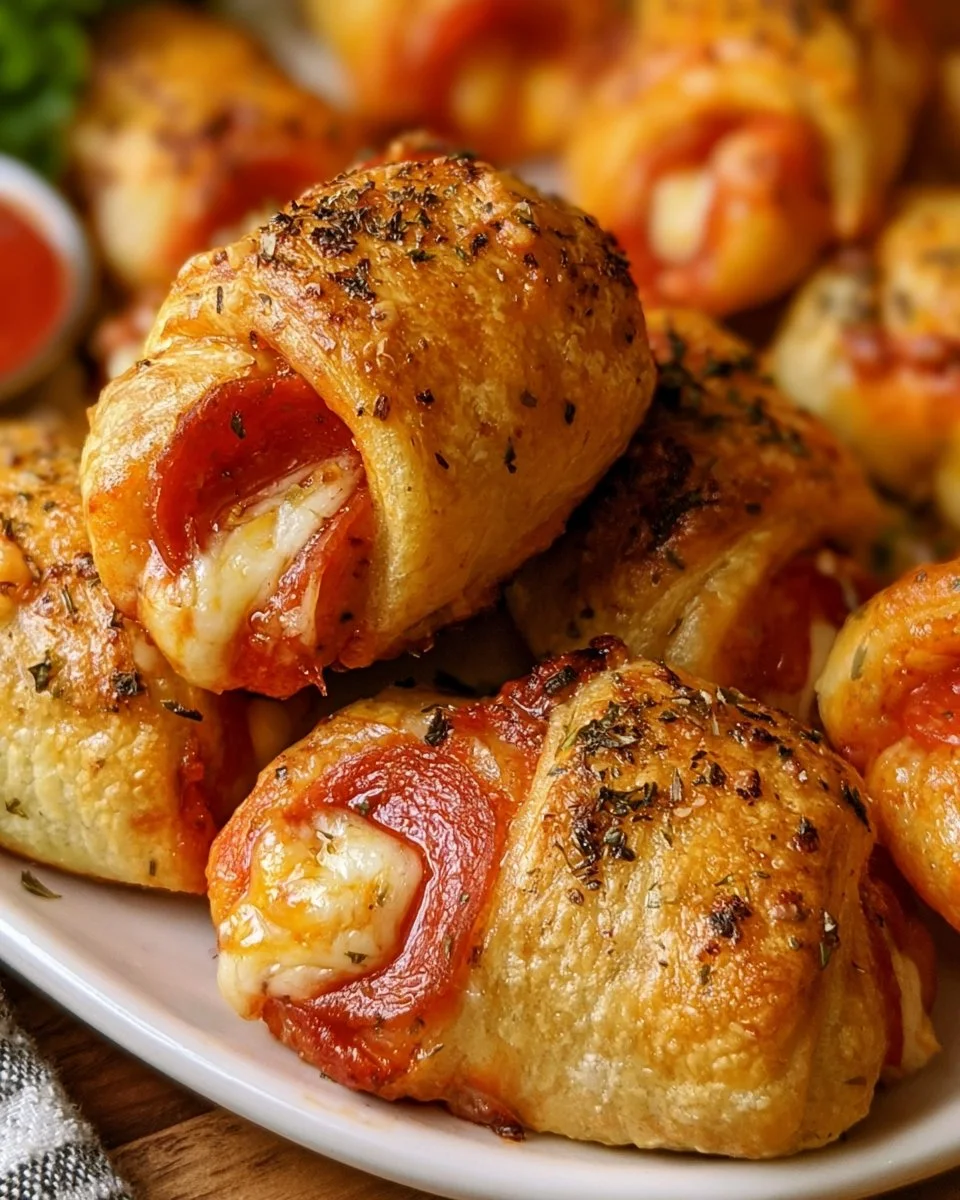 Pepperoni Pizza Crescent Rolls served on a plate with dipping sauce.