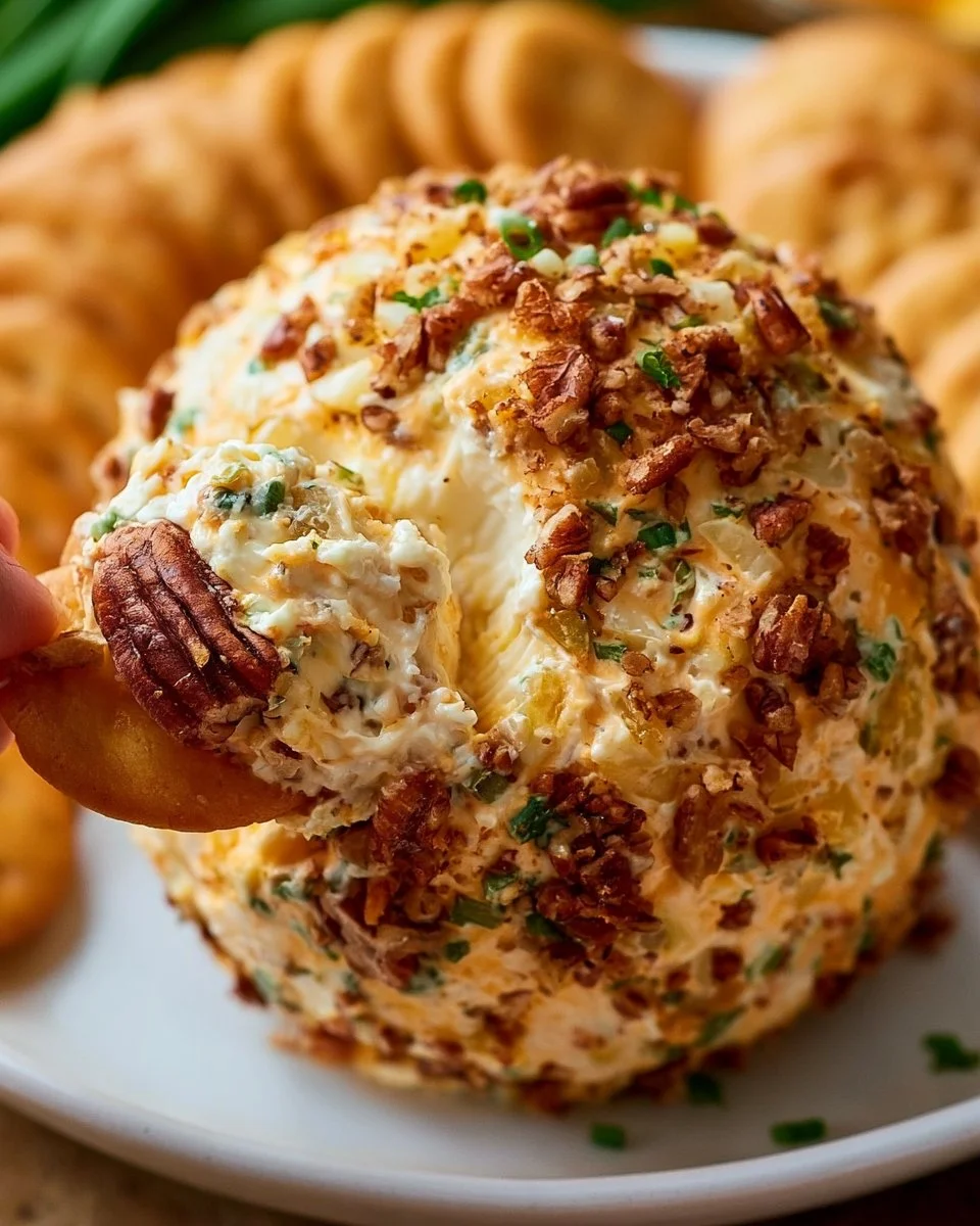 Pineapple cheese ball served with crackers on a festive platter