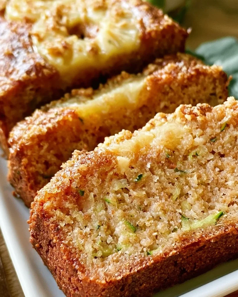 Loaf of freshly baked Pineapple Zucchini Bread with slices