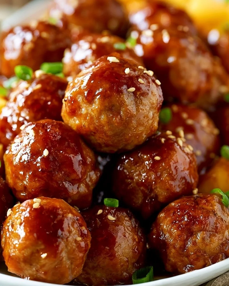 Slow Cooker Teriyaki Meatballs in a bowl with sauce and garnish