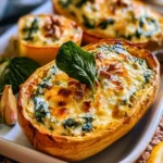 Spinach ricotta stuffed spaghetti squash served on a plate with garnishes.