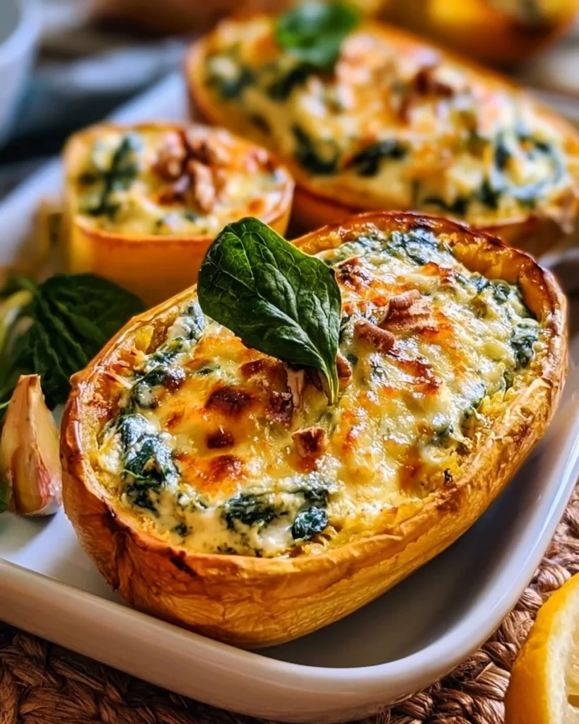 Spinach ricotta stuffed spaghetti squash served on a plate with garnishes.