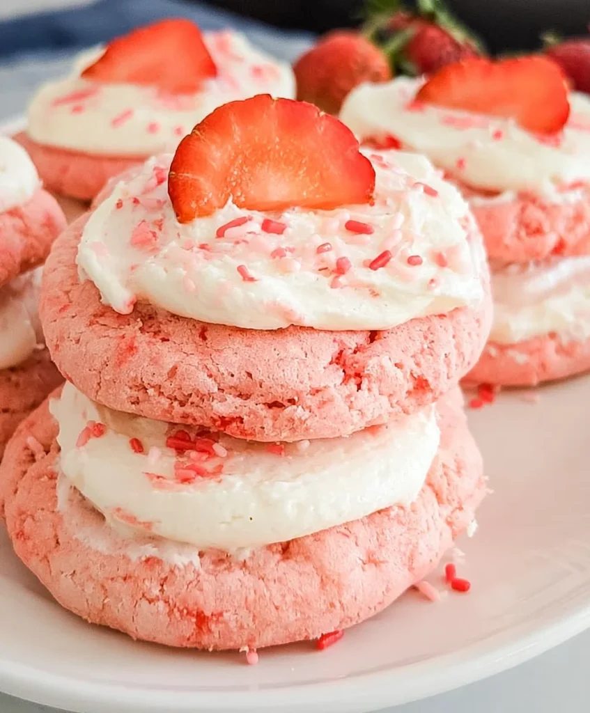 Strawberry Cake Mix Cookies with Vanilla Cream Cheese Frosting – Soft, Sweet & Bursting