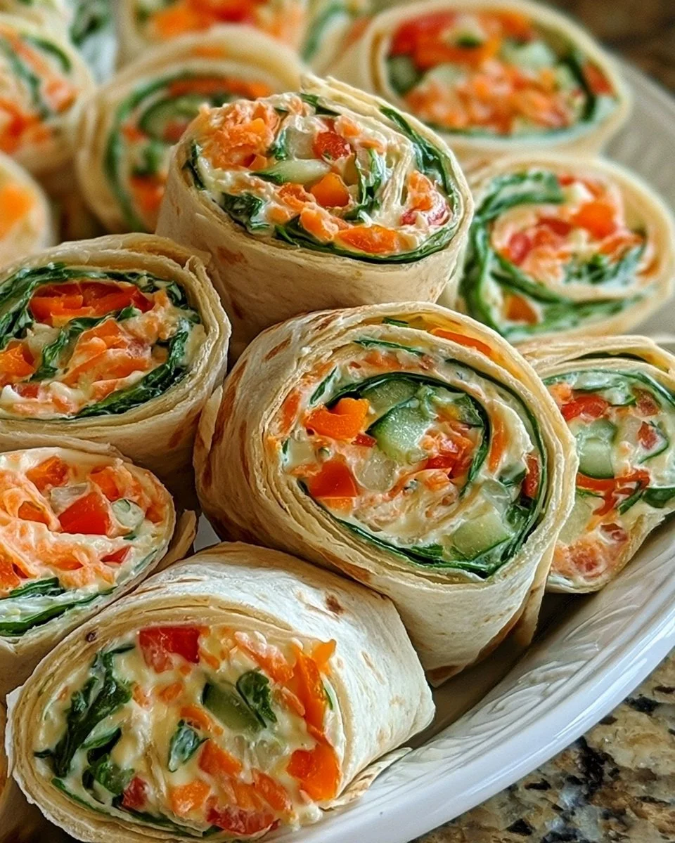 Vegetable Tortilla Roll Ups filled with colorful fresh vegetables