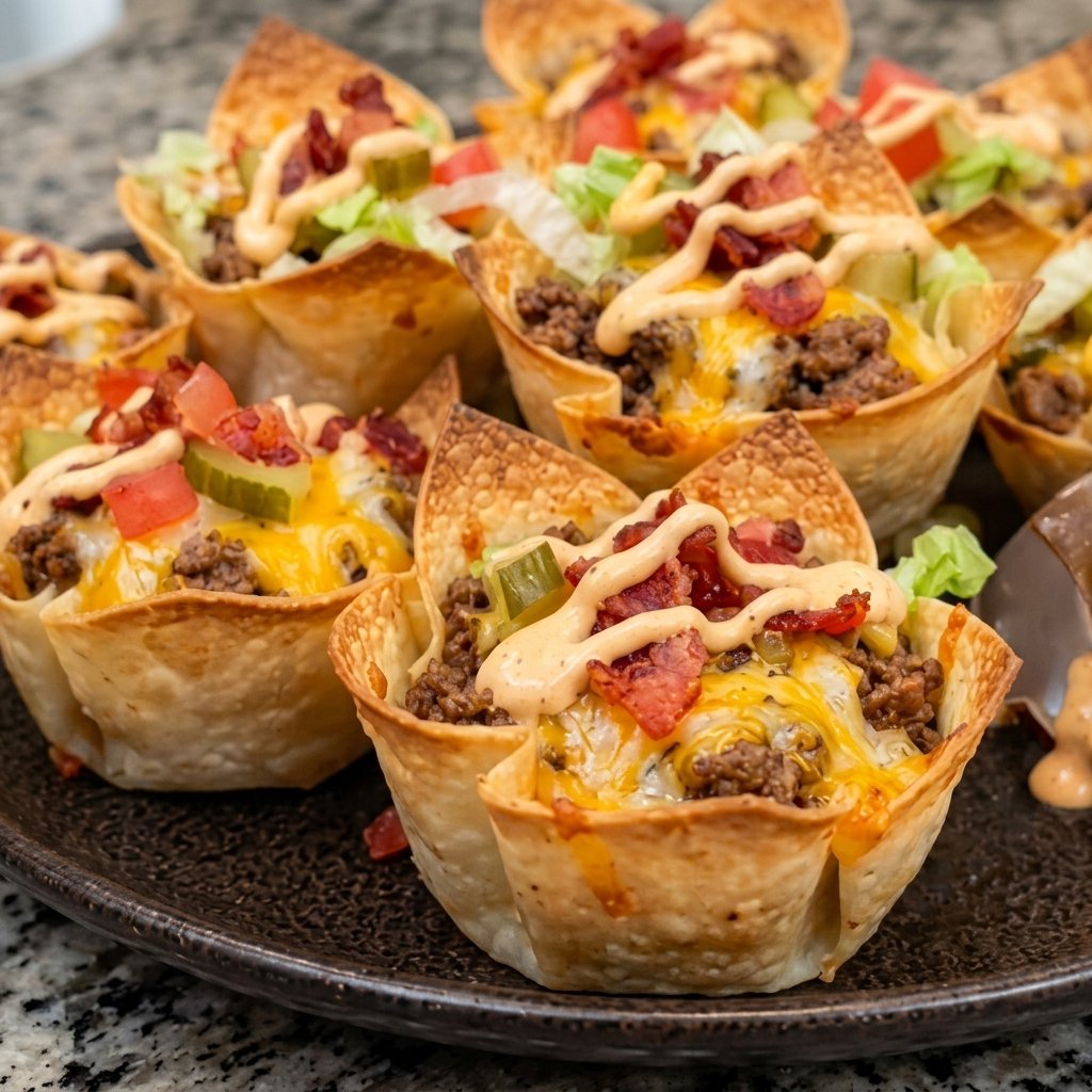 Crispy Garlic Cheddar Cheeseburger Tortilla Cups