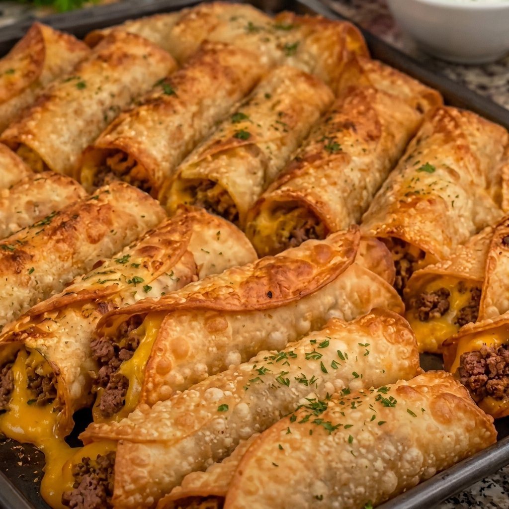 Crispy Golden Beef and Cheddar Taquito Rolls with Creamy Ranch Dip