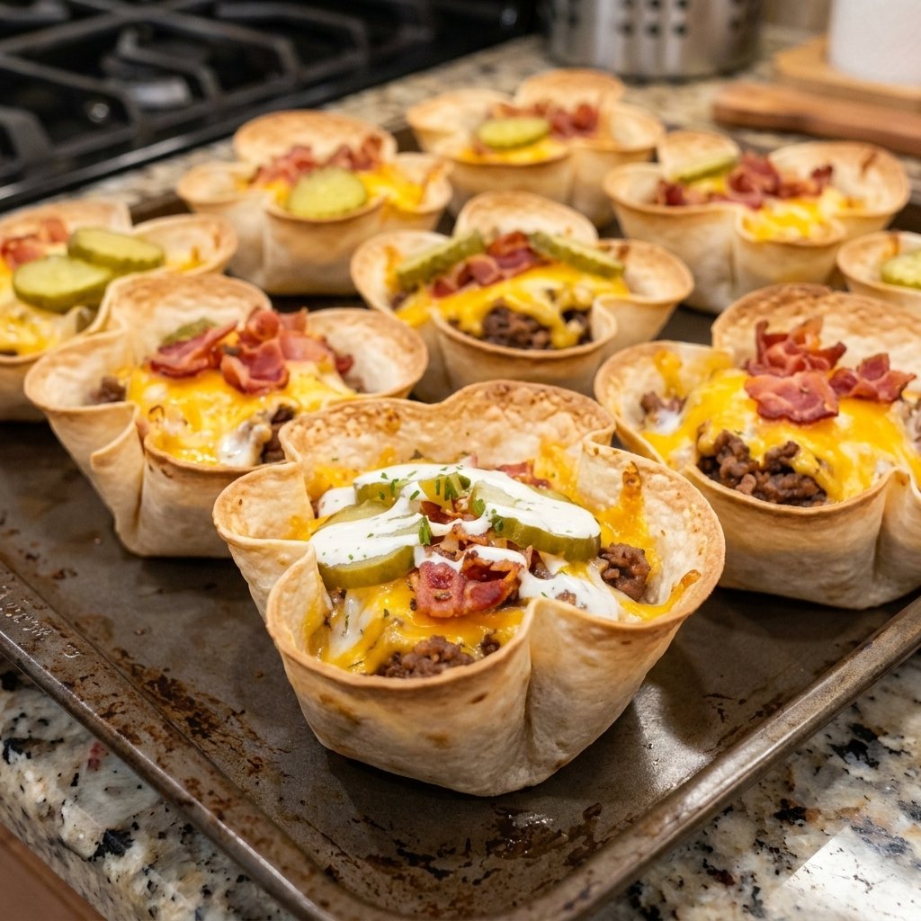 Crispy Loaded Double Cheeseburger Ranch Pickle Cheddar Taco Crunch Cups
