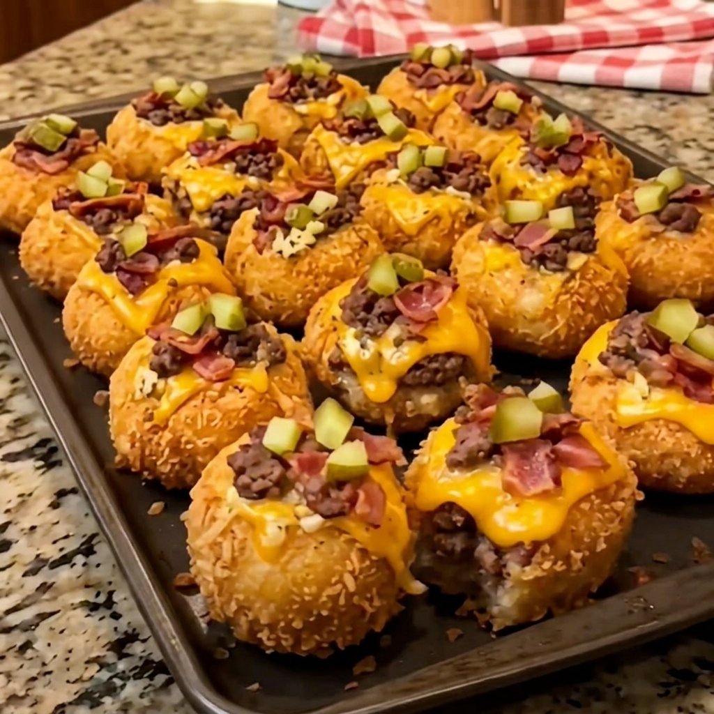 Crispy Loaded Garlic Parmesan Double Cheeseburger Dill Pickle Cheddar Potato Crunch Bites