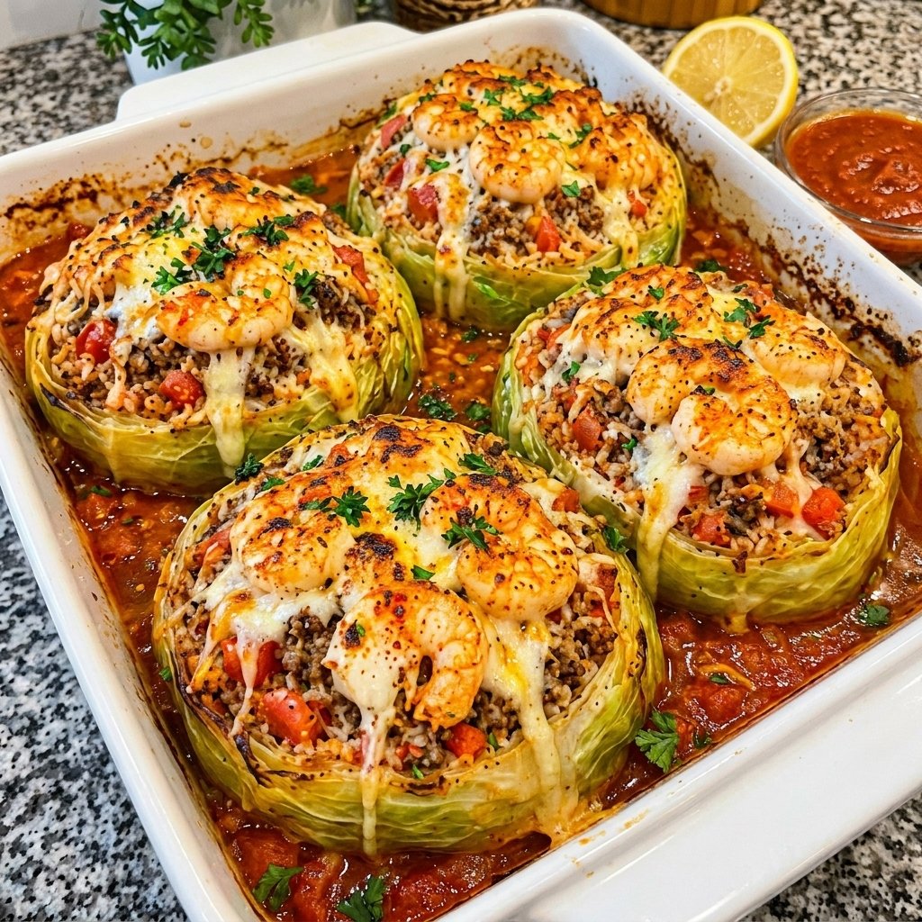 Shrimp and Beef Stuffed Cabbage Rolls
