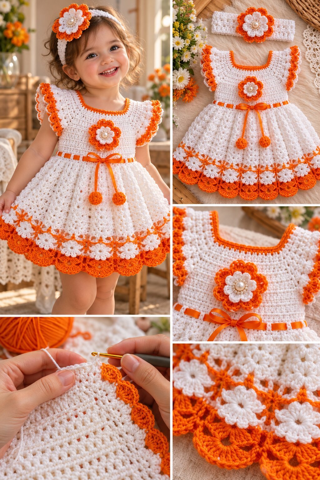 Crochet Baby Girl Dress Pattern | White & Orange Crochet